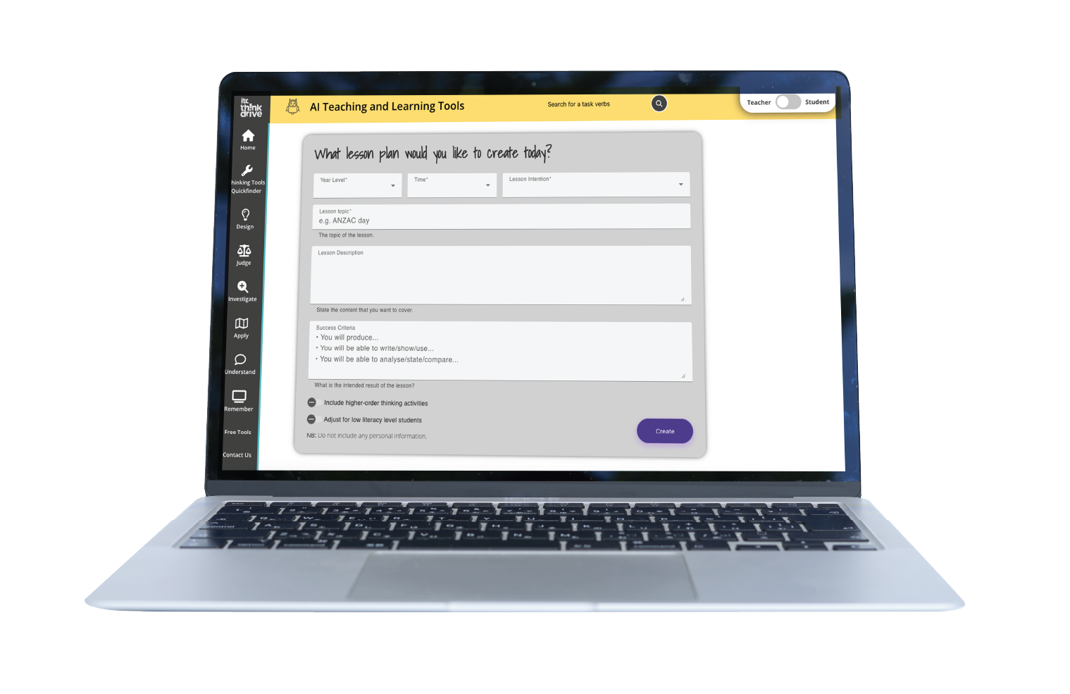 ITC AI Lesson Planner interface on a laptop